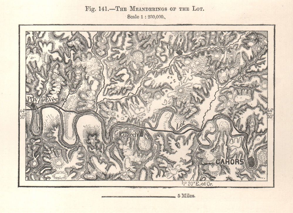 The Meanderings of the Lot. Cahors Puy l'Evèque. Sketch map 1885 old